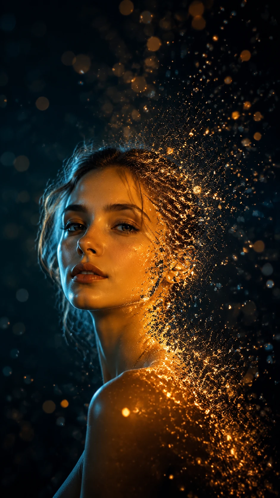 Woman dissolving into glowing particles in dramatic portrait