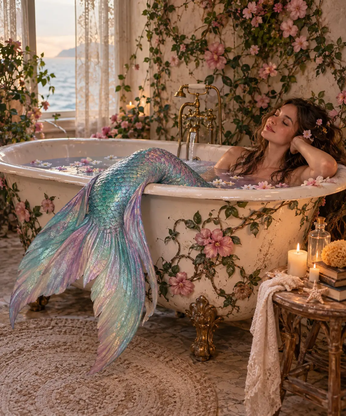 Entspannte Meerjungfrau in einer floralen Badewanne mit Klauenfüßen
