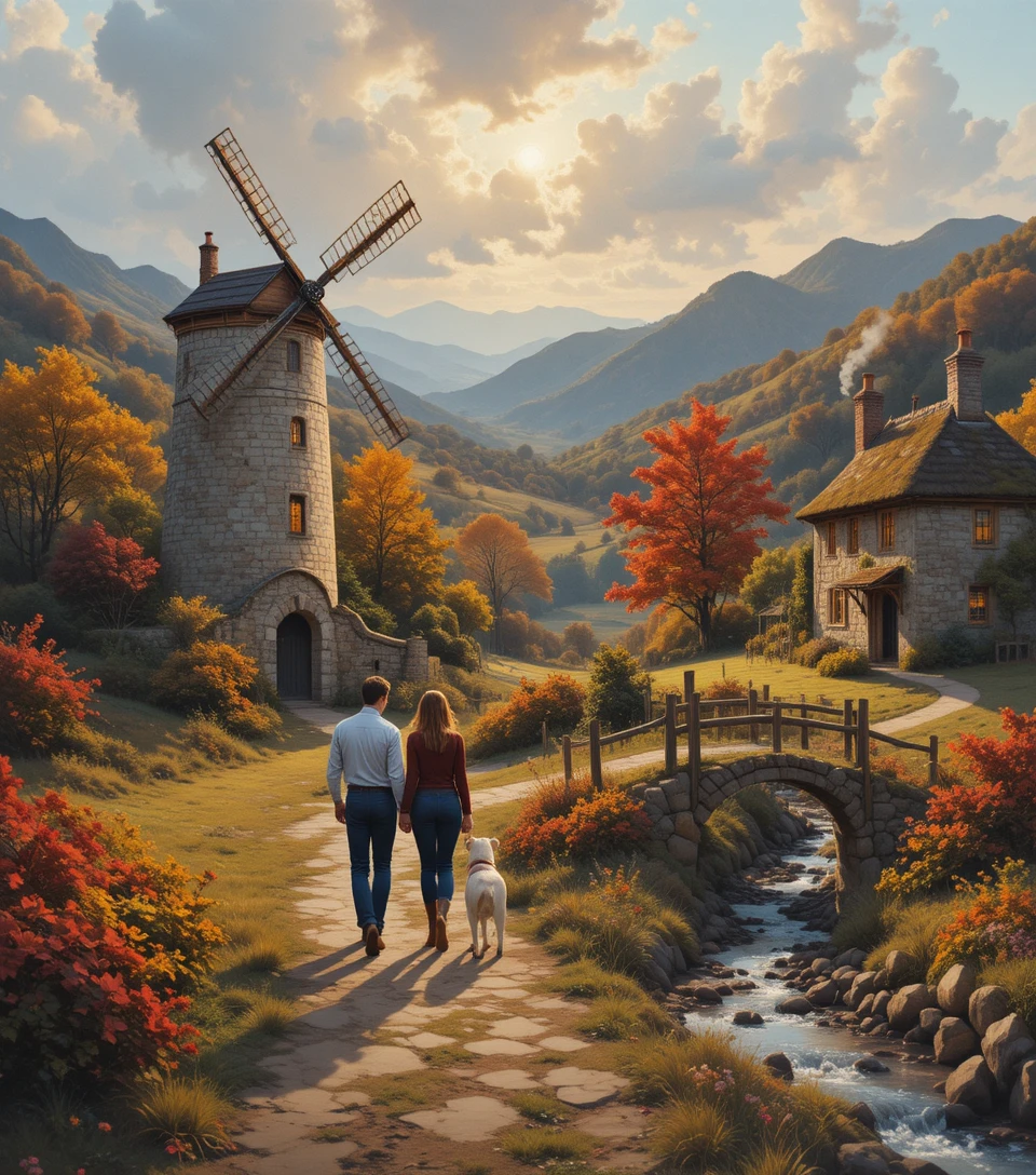 Romantische herbstliche Landschaft mit Paar, das auf eine Windmühle zugeht