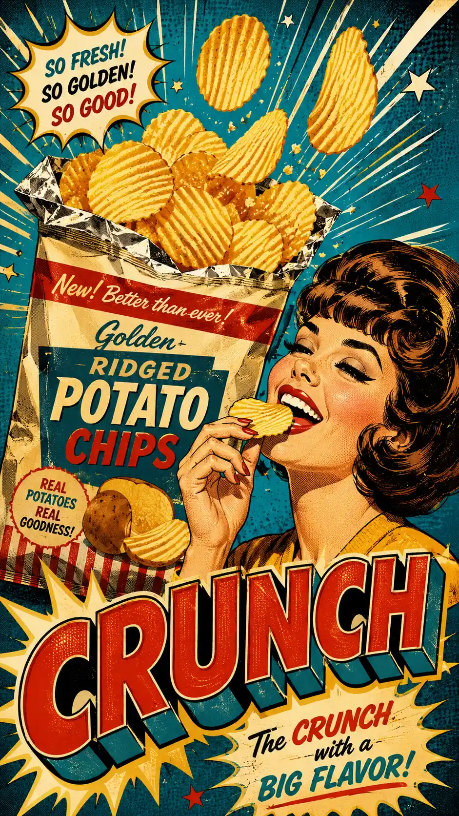 レトロポップアート風の女性がカリカリのポテトチップスを味わう