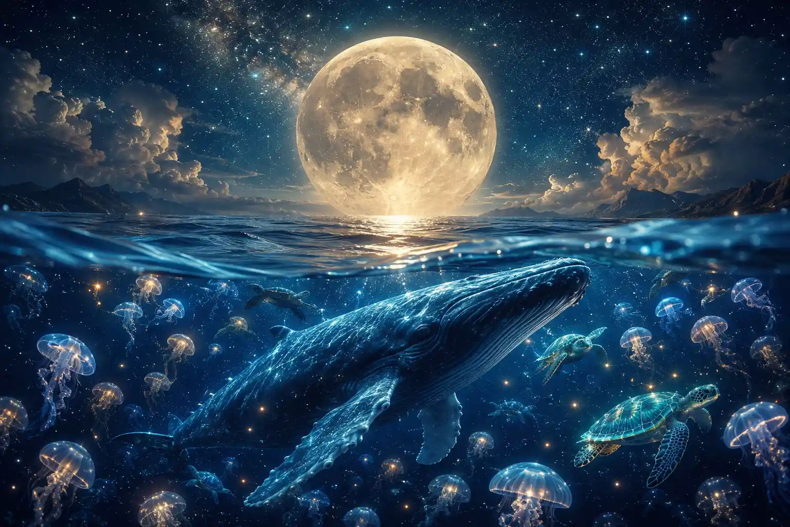 Dreamy Supermoon Blending With Peaceful Underwater Ocean Life