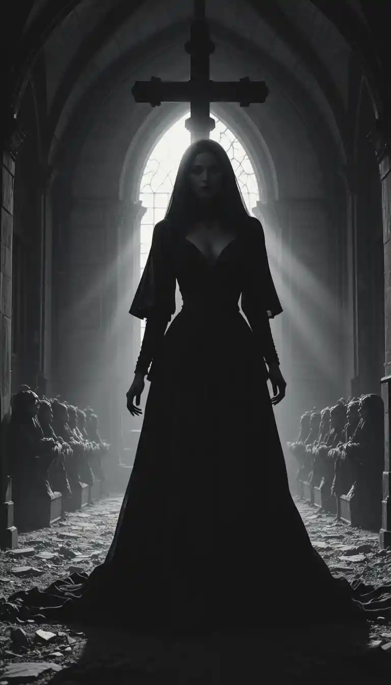 Silhouette ombrosa gotica di suora in controluce in una chiesa abbandonata