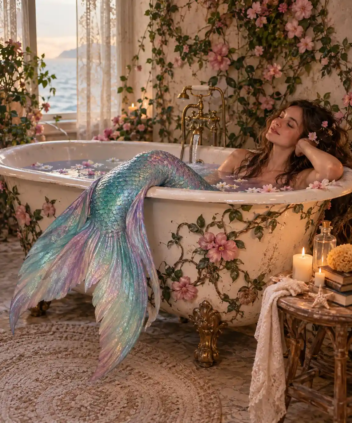 Relaxed mermaid lounging in a floral claw foot bathtub