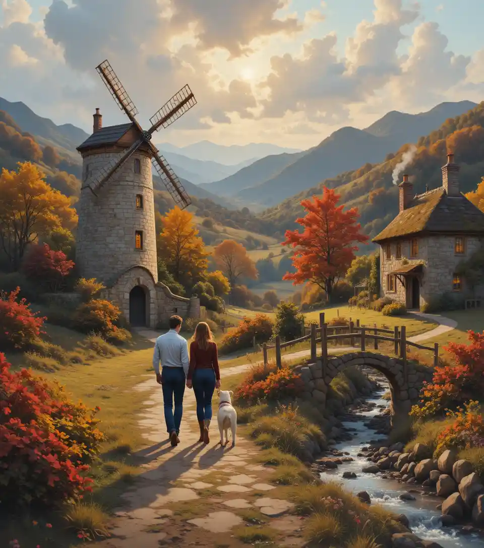 Romantic autumn countryside with couple walking toward windmill