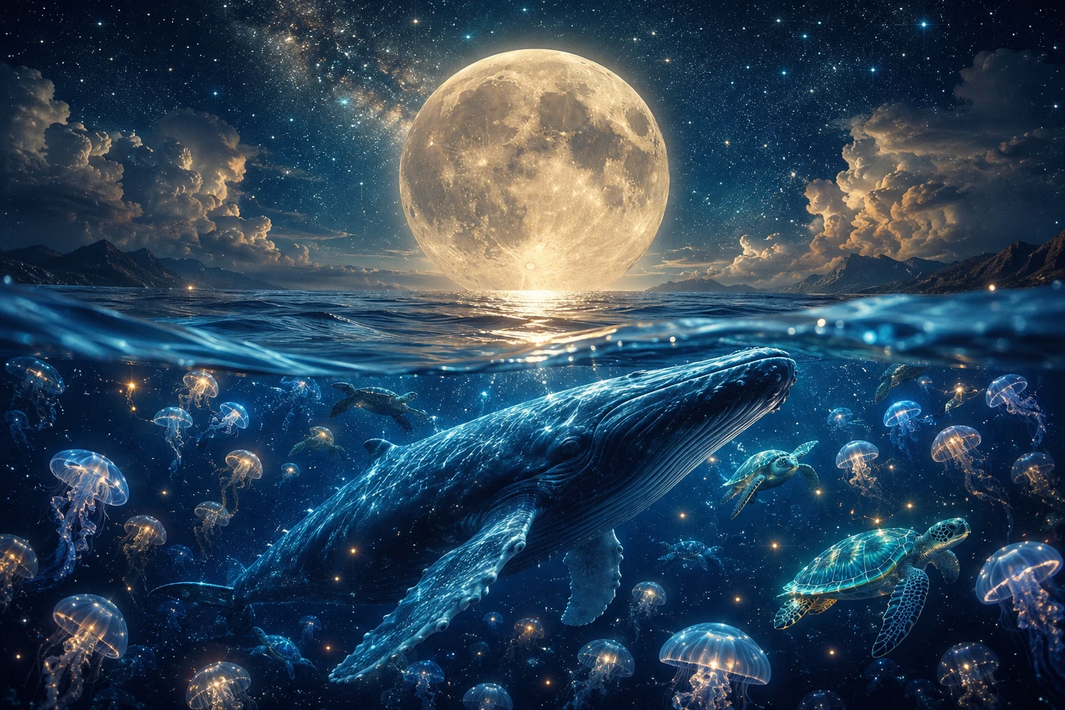 Dreamy Supermoon Blending With Peaceful Underwater Ocean Life