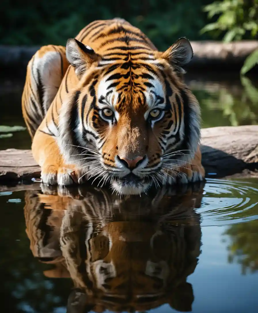 Gros plan d’un tigre buvant dans un lac forestier paisible