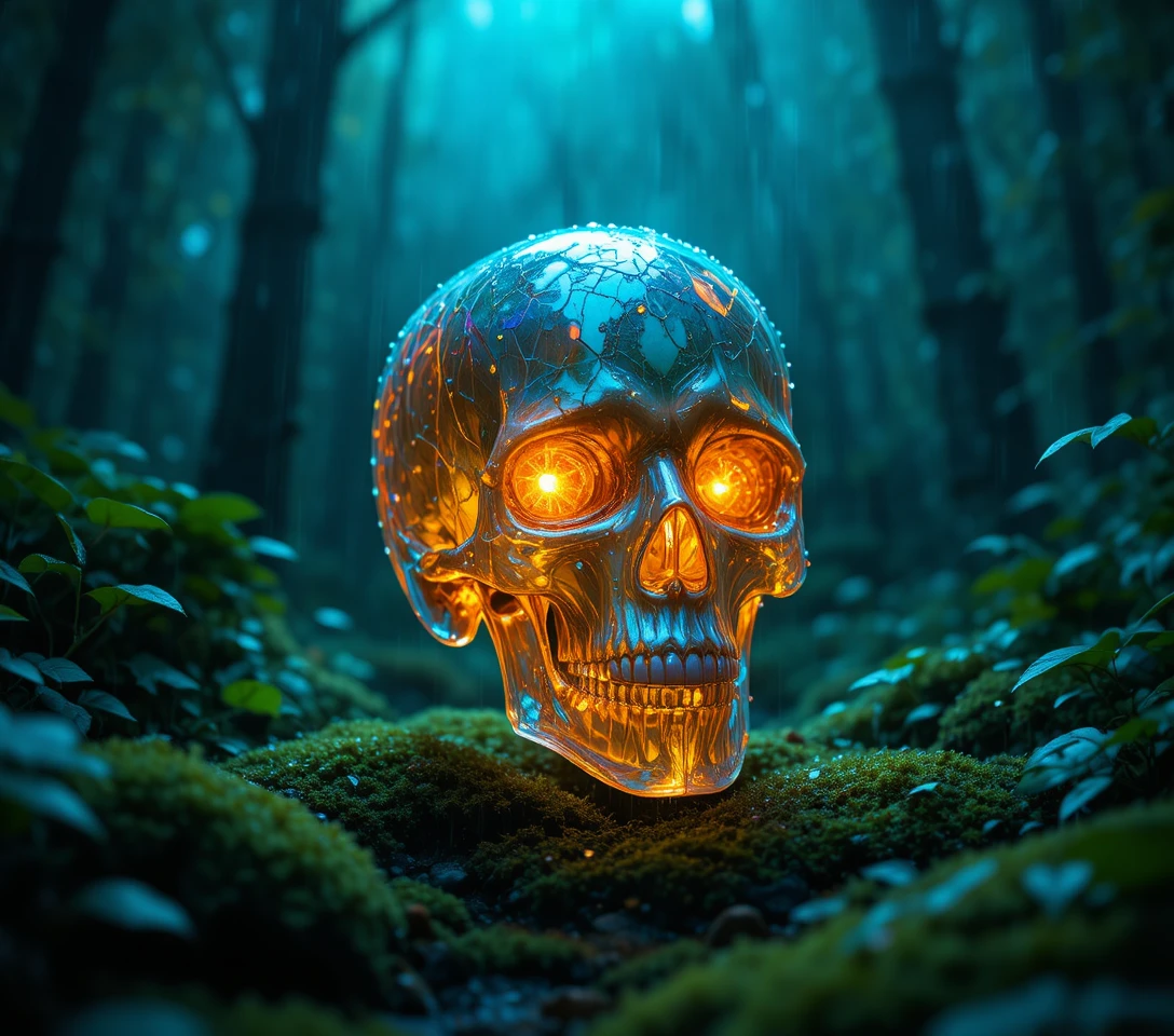 Glowing Crystal Human Skull In Rainy Mossy Forest