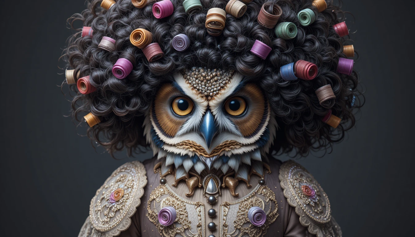 Regal screech owl portrait with chaotic salon afro hair