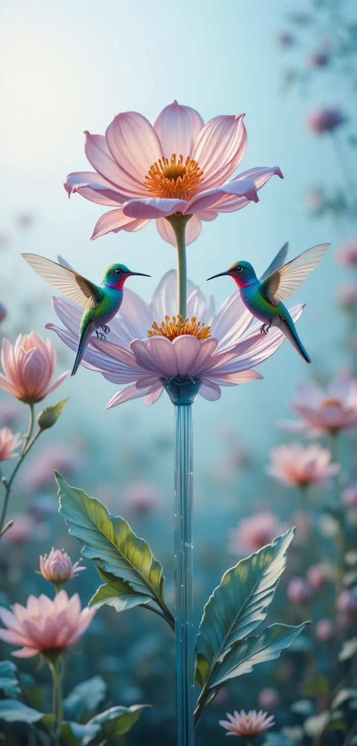Glass flower and hummingbirds in a soft pastel landscape