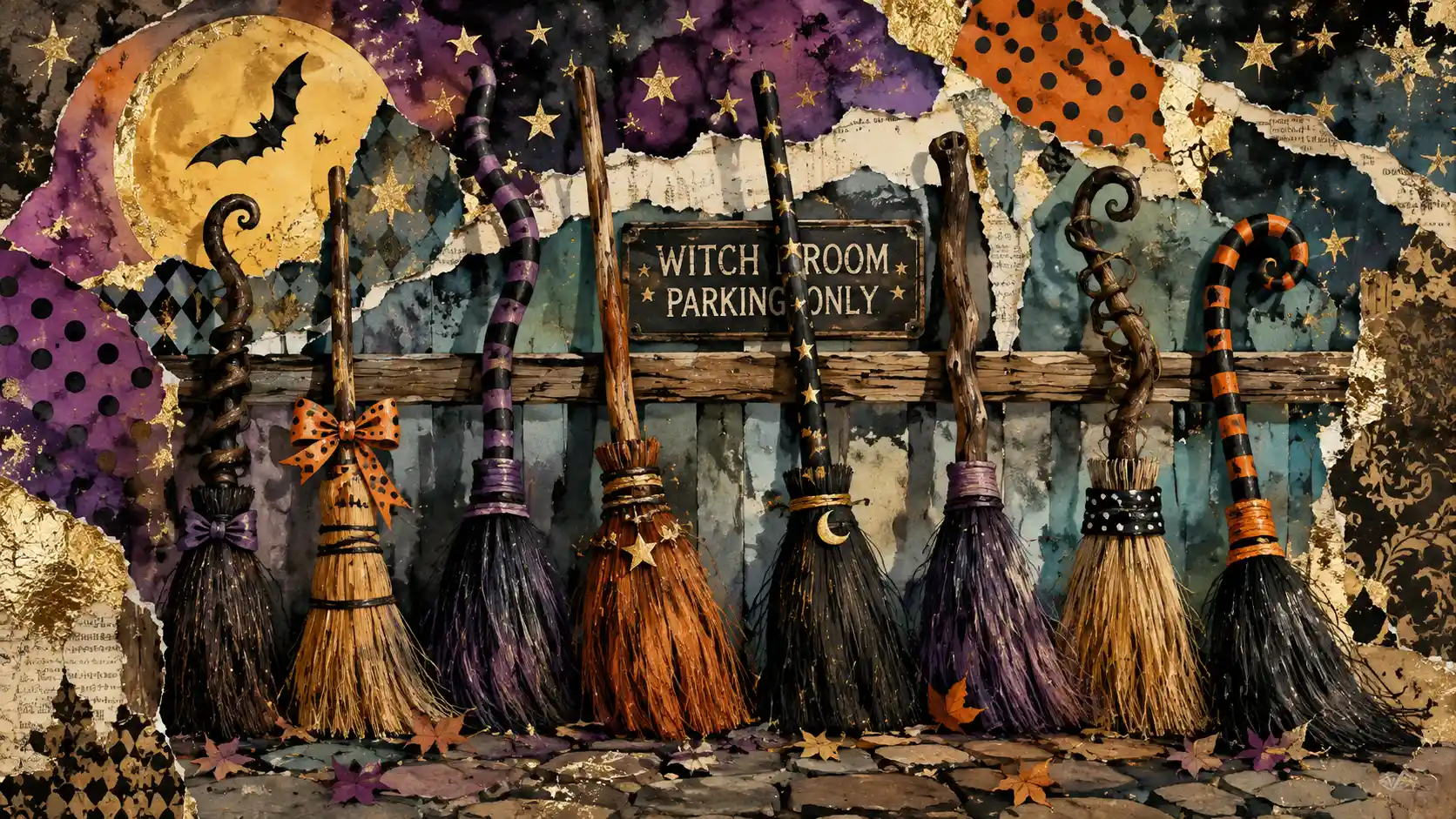 Colorful witches brooms in a whimsical parking collage scene