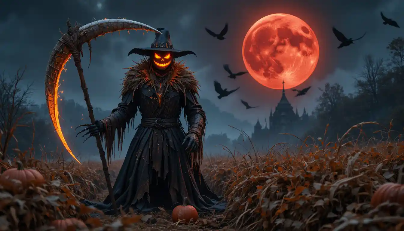 Spectral scarecrow knight guarding an autumn pumpkin field