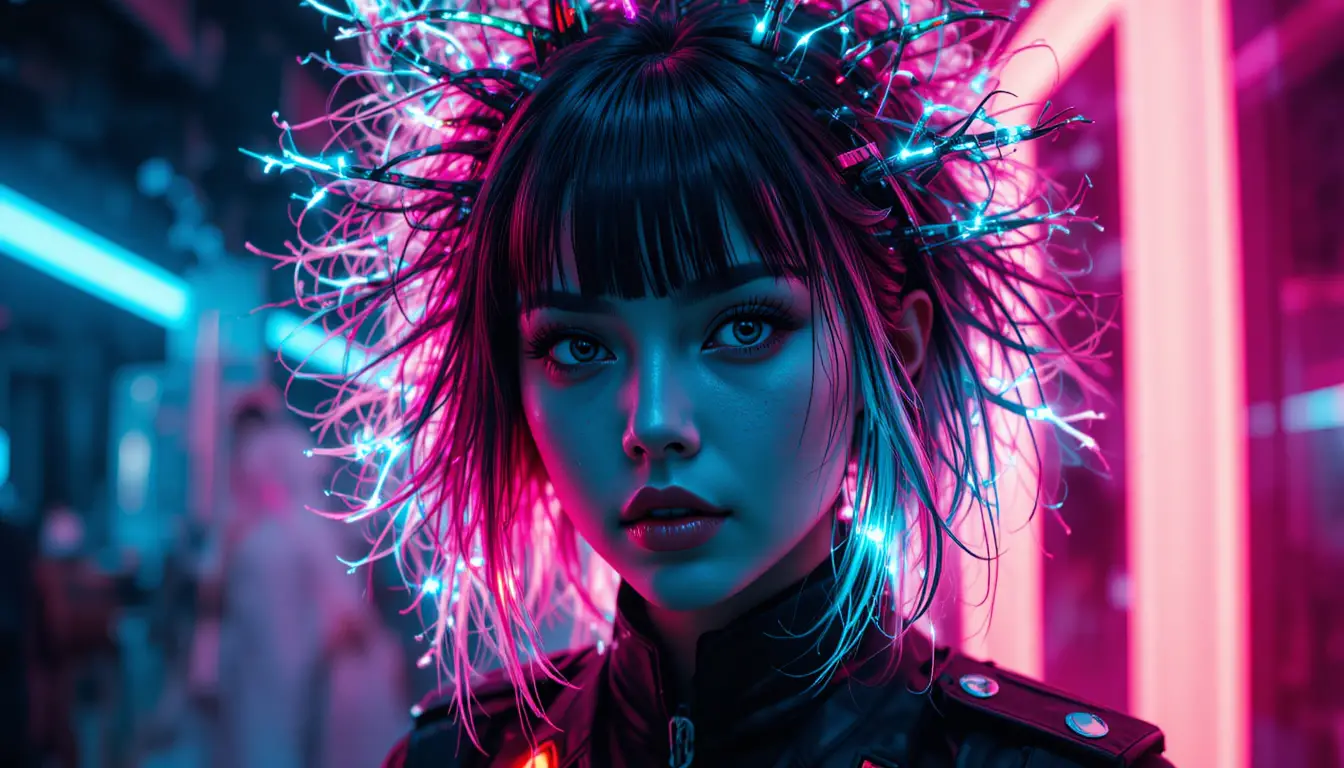 Cyberpunk officer with chaotic neon damaged hairstyle portrait