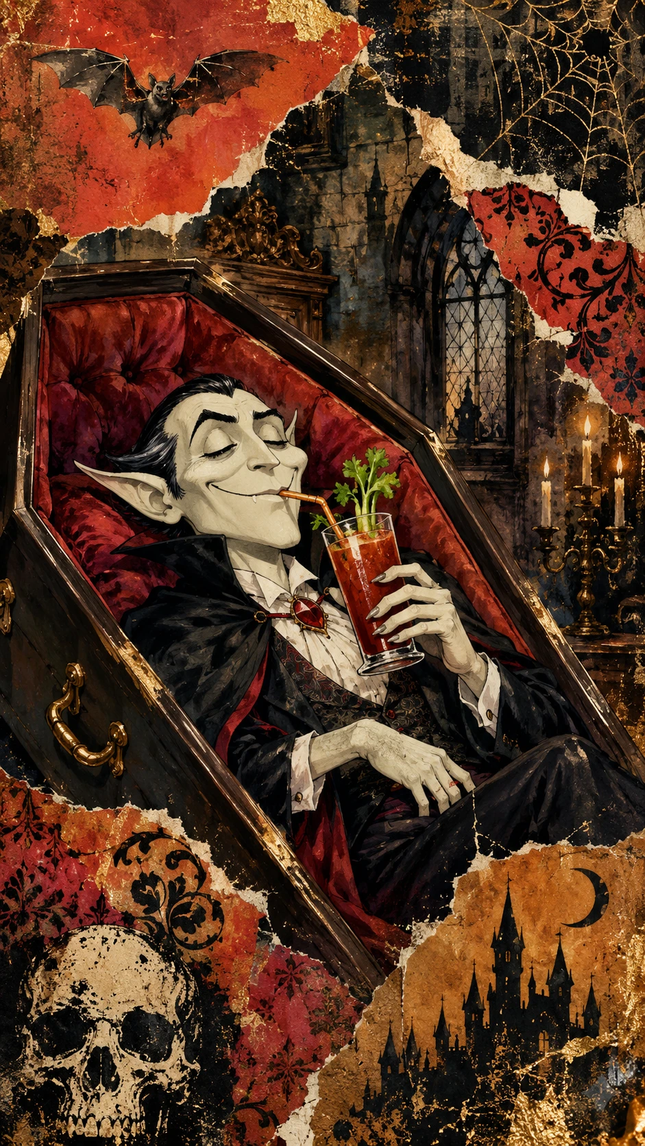 Vampiro giocoso che si rilassa in una bara con un cocktail