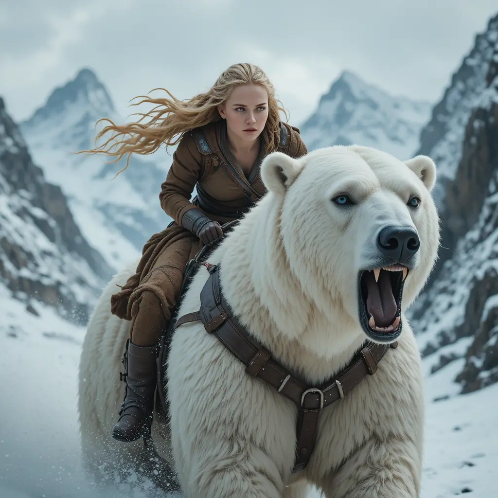 Wilde Kriegerin reitet auf einem Eisbären durch den Schnee