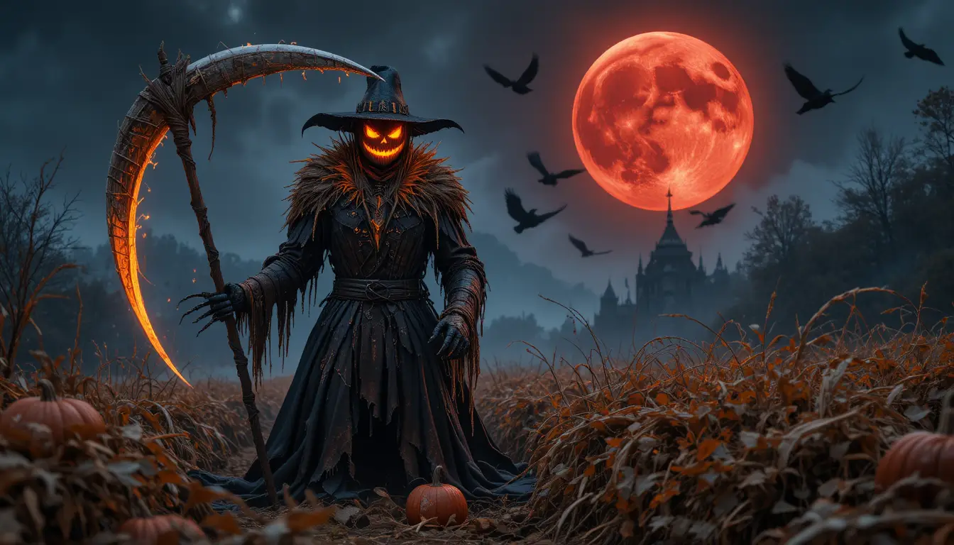 Spectral scarecrow knight guarding an autumn pumpkin field