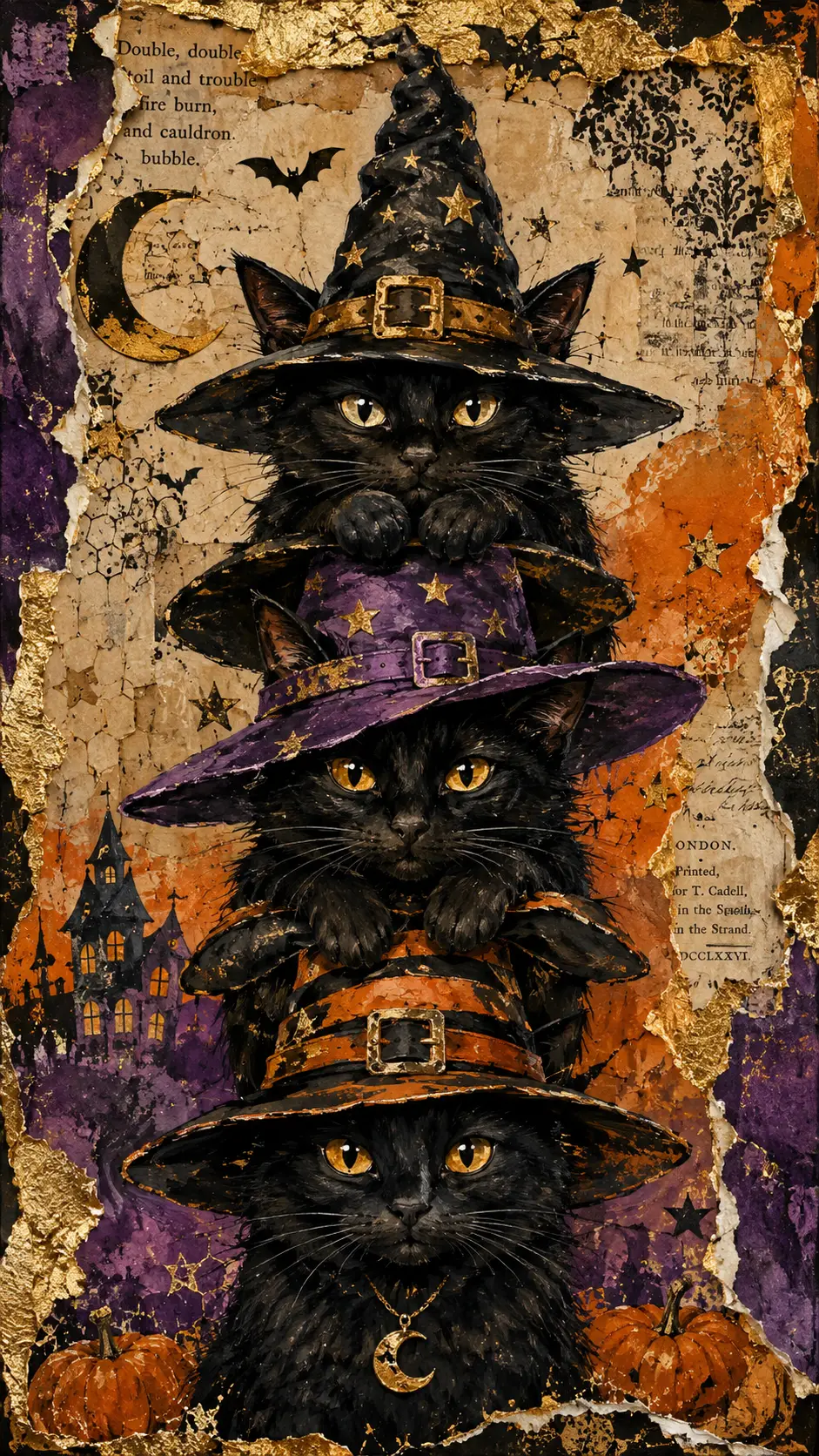 Chats sorciers empilés en collage d’Halloween aquarelle et coloré