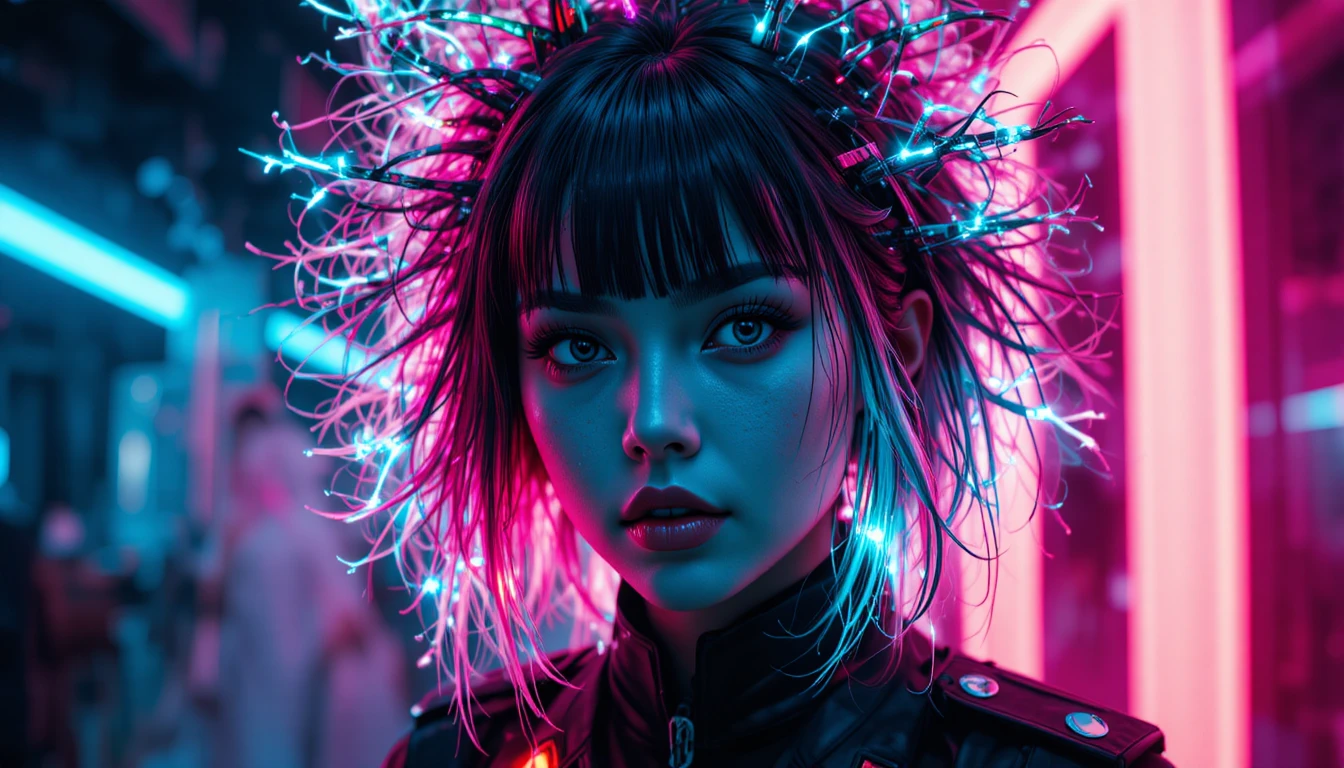 Cyberpunk-Offizierin mit chaotischer neonbeschädigter Frisur – Porträt