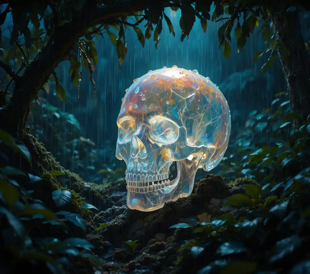 Calavera de cristal bajo la lluvia de la selva iluminada por una linterna potente