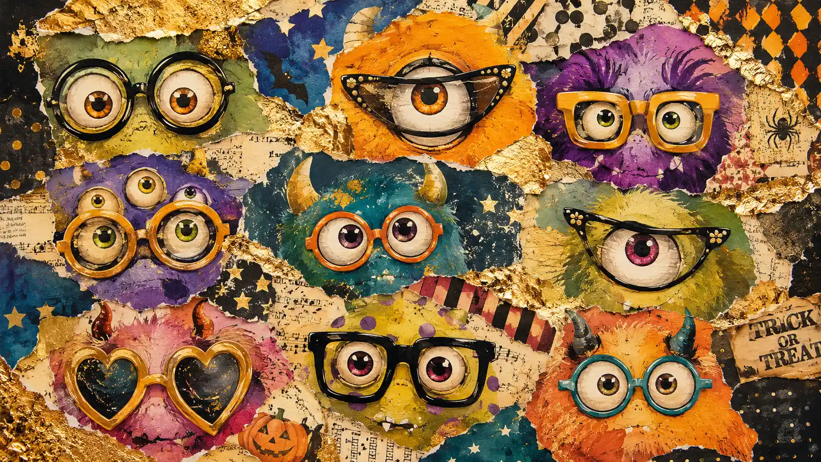 Bunte Monsteraugen mit skurrillen Brillen in Collagekunst