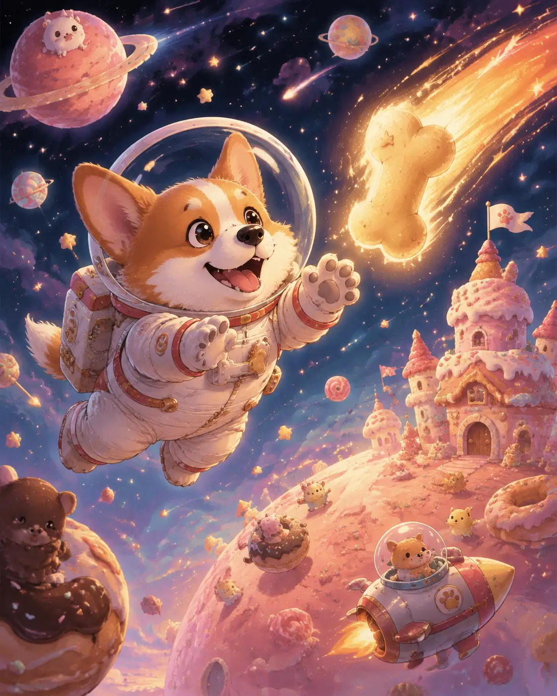 Chiot corgi astronaute poursuivant une comète en forme d’os dans l’espace