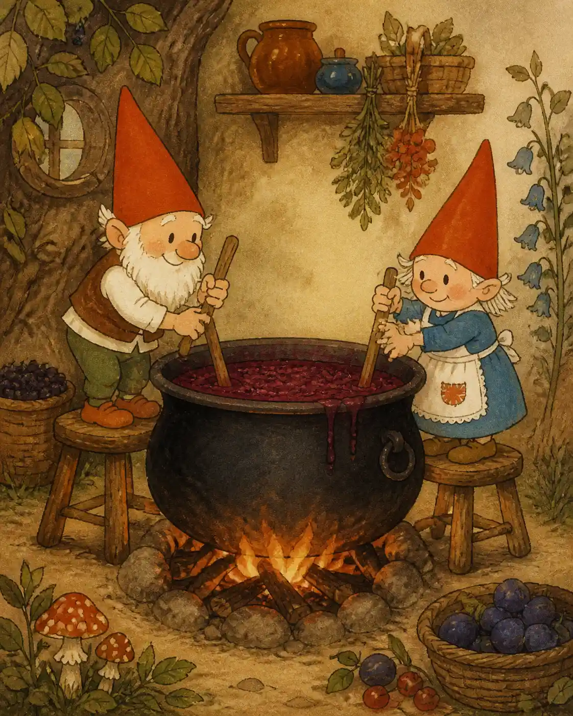 Two cartoon characters cooking jam in a giant cauldron