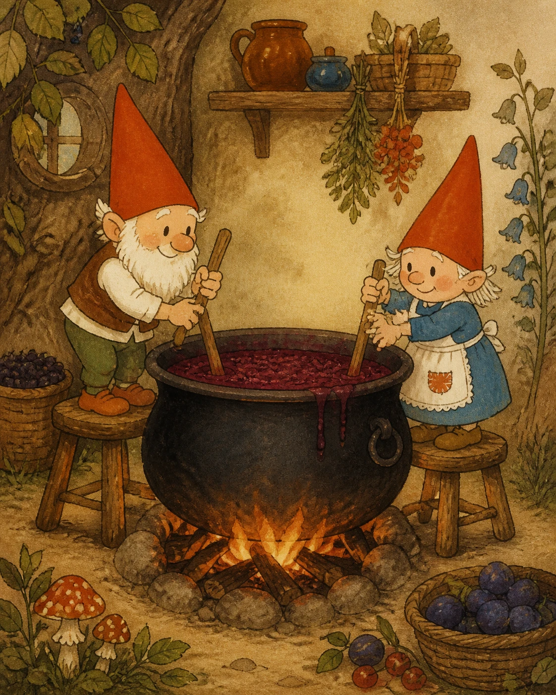 Two cartoon characters cooking jam in a giant cauldron
