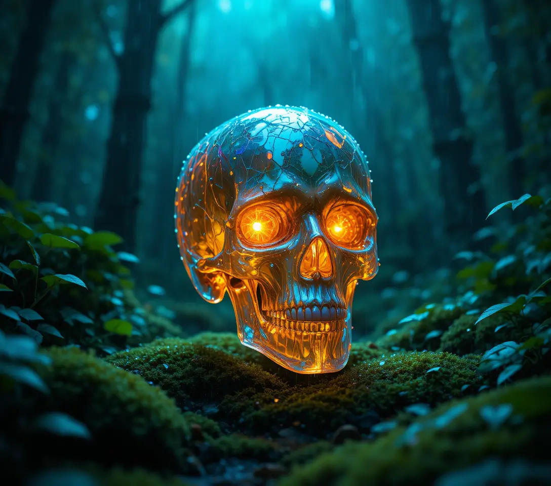 Glowing Crystal Human Skull In Rainy Mossy Forest