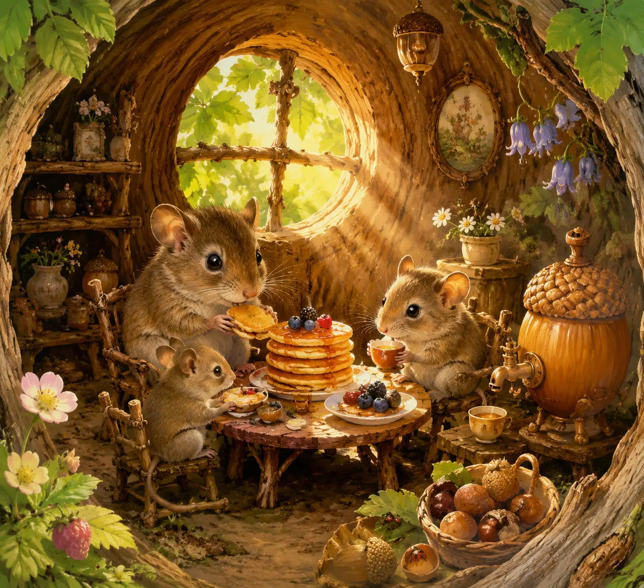 Famille de lérots partageant des pancakes dans une chaleureuse maison-arbre en forêt