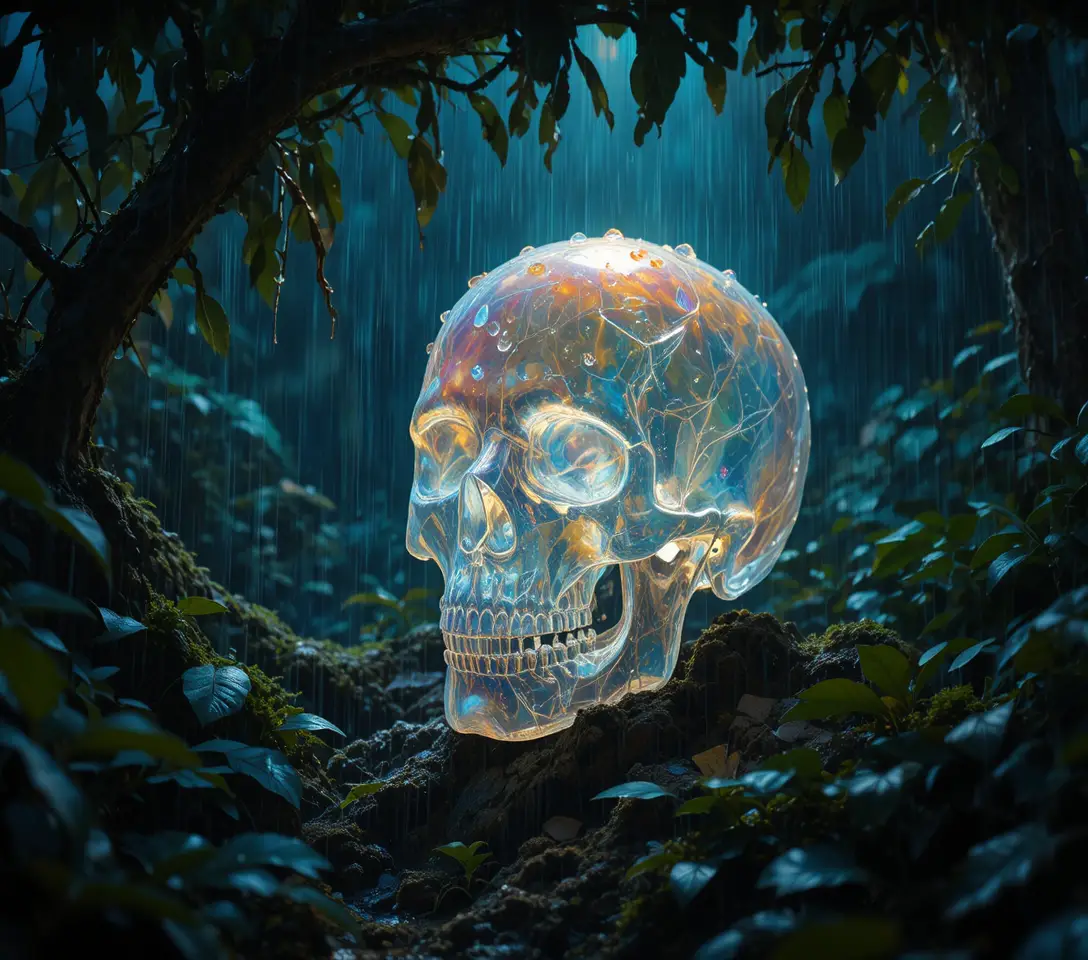 Crystal skull in rainforest rain lit by a harsh flashlight