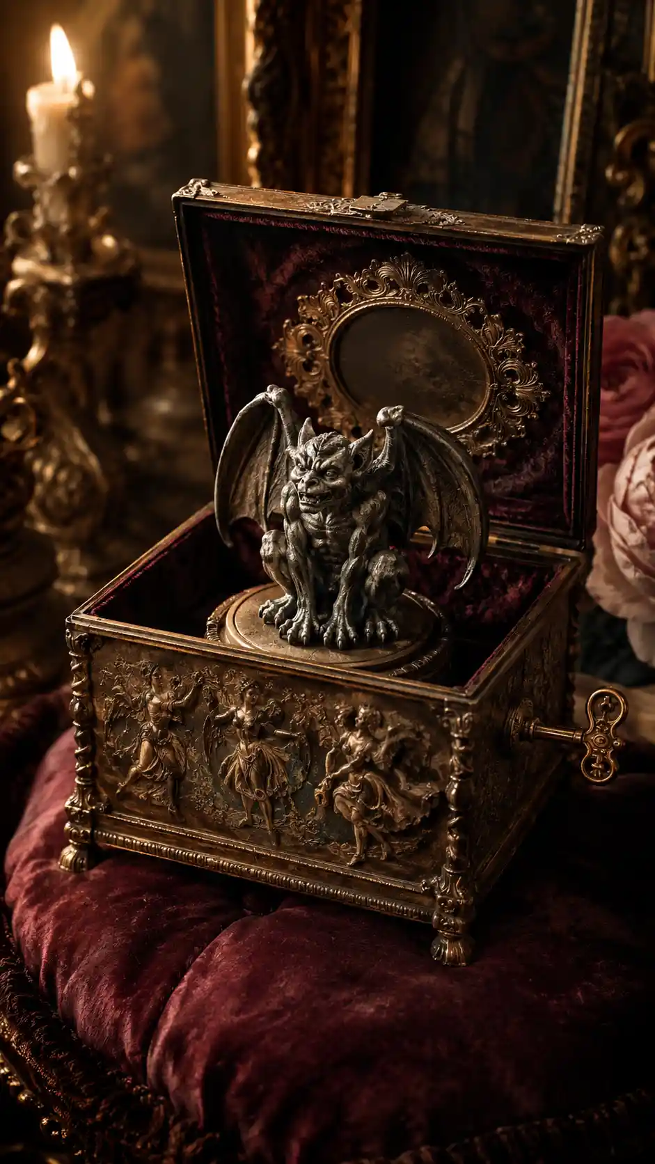 Antique music box with preserved gargoyle in soft light
