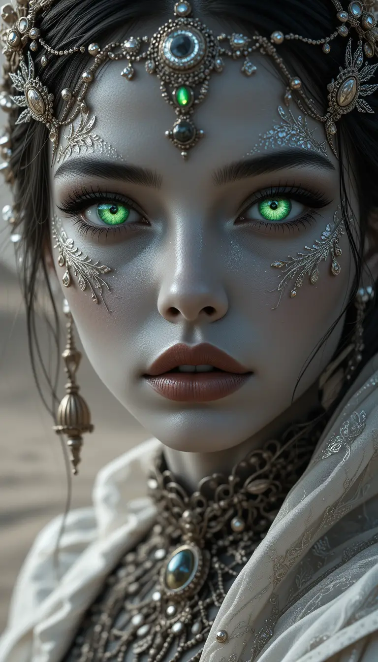 Cinematic close up of a woman with glowing green eyes