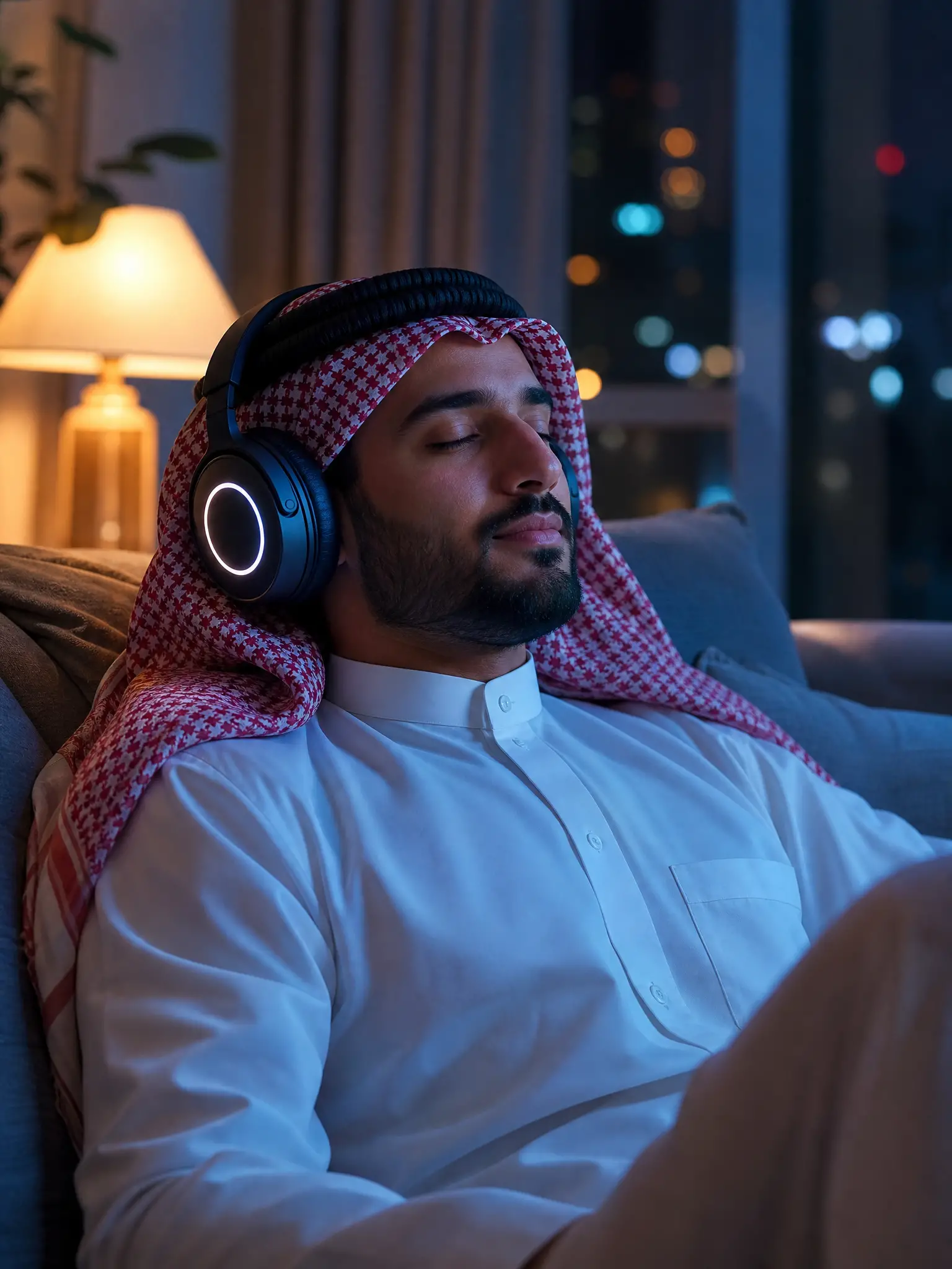 Uomo in thobe che si rilassa con le cuffie sul divano di notte
