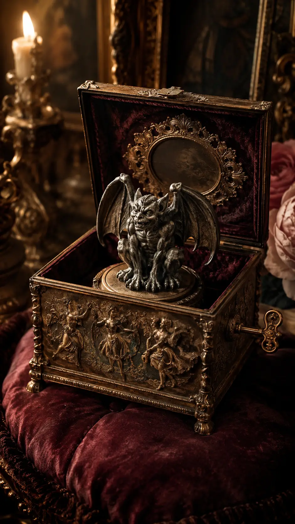 Antique music box with preserved gargoyle in soft light