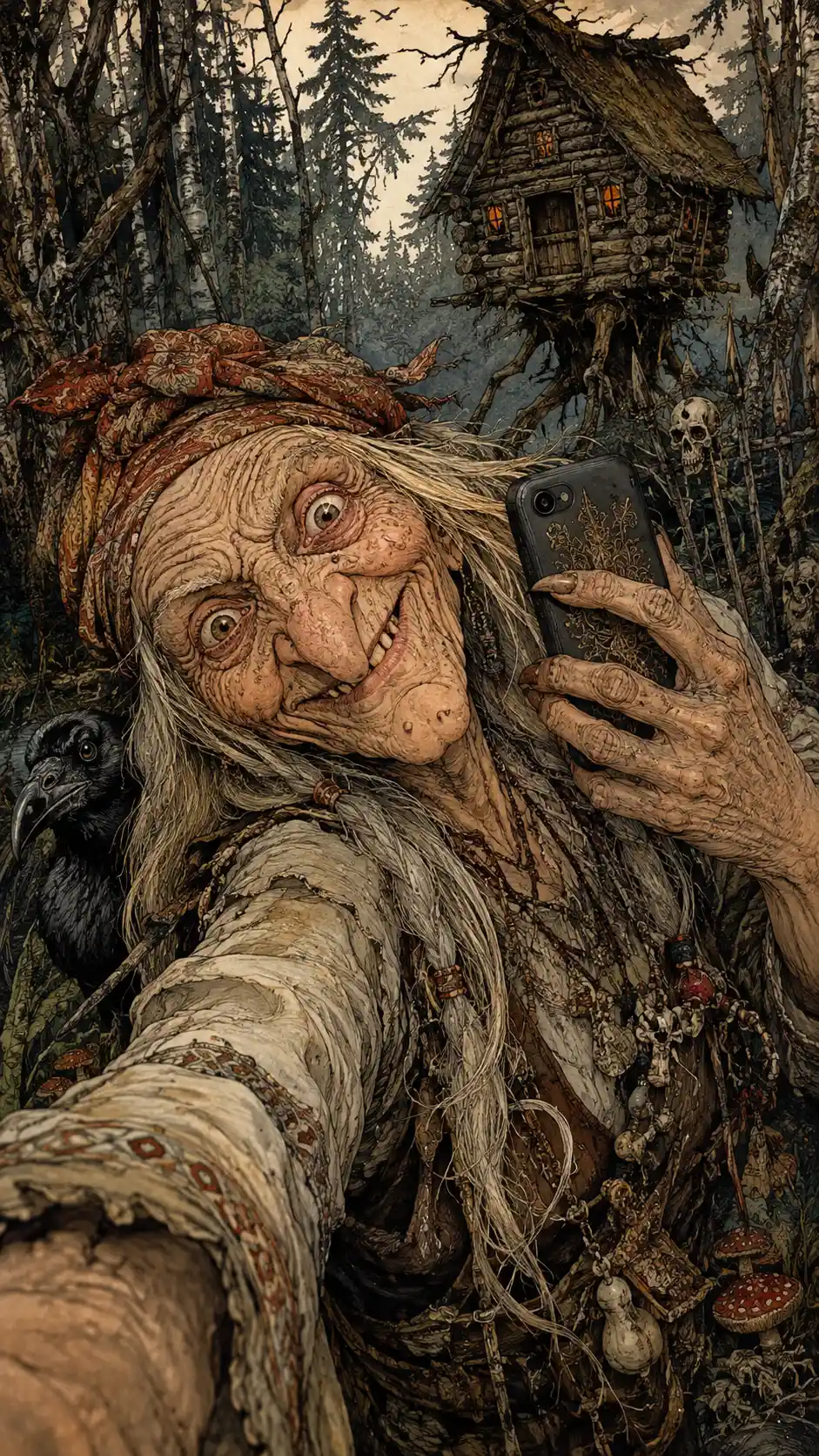 Selfie grotesque de sorcière dans une sombre forêt de conte de fées