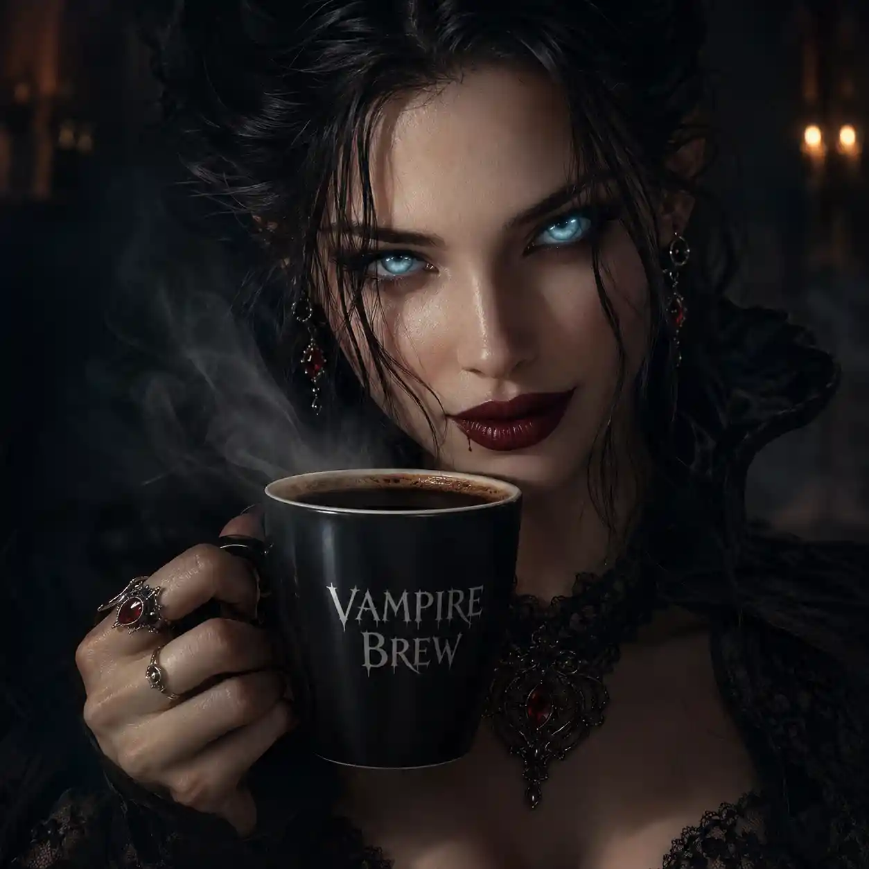 Vampiric woman with glowing eyes holding dark coffee mug