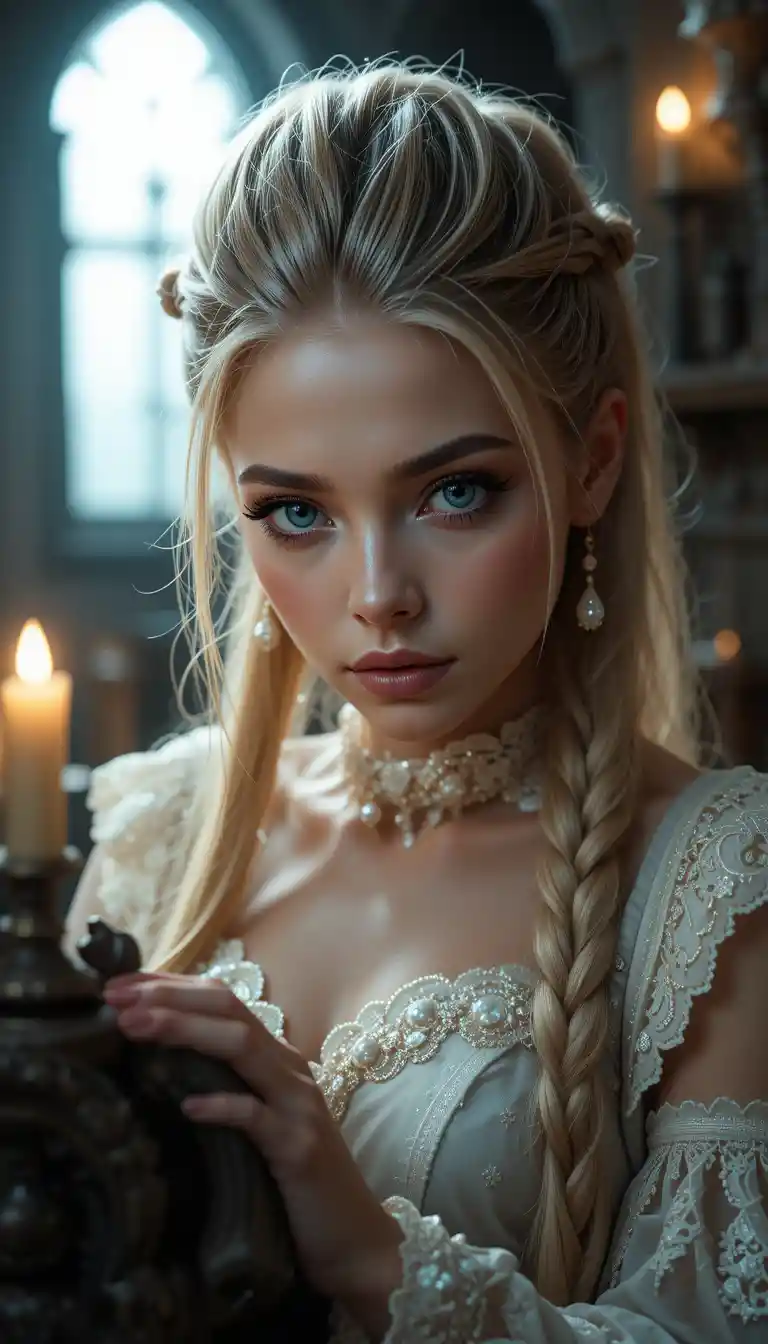 Vampire schoolgirl in candlelit crypt full body portrait
