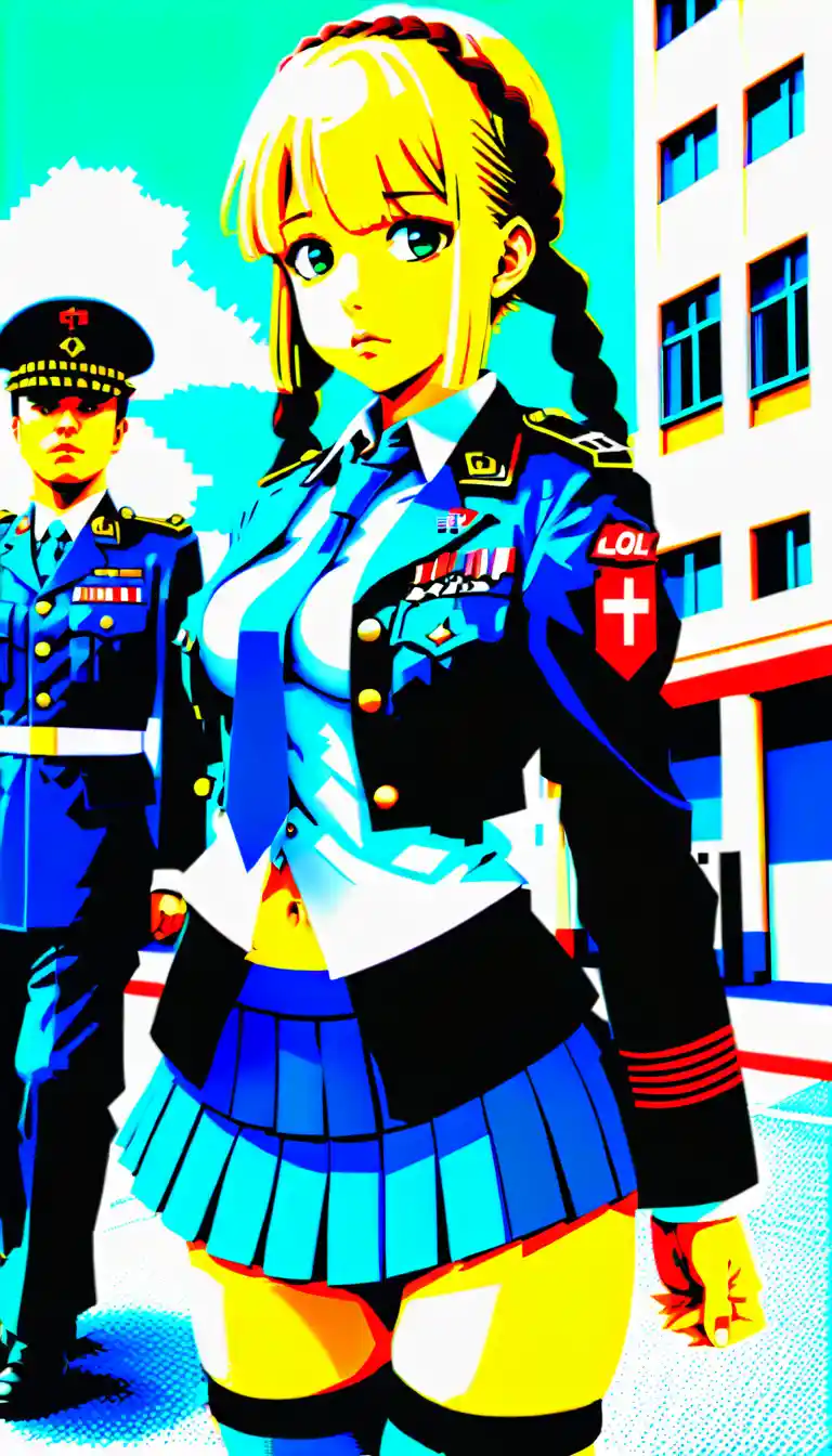 城市街道上的軍事風格動漫少女