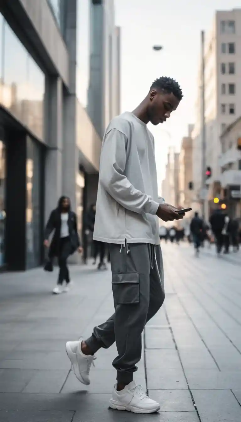 Young man on city sidewalk surrounded by motion blur