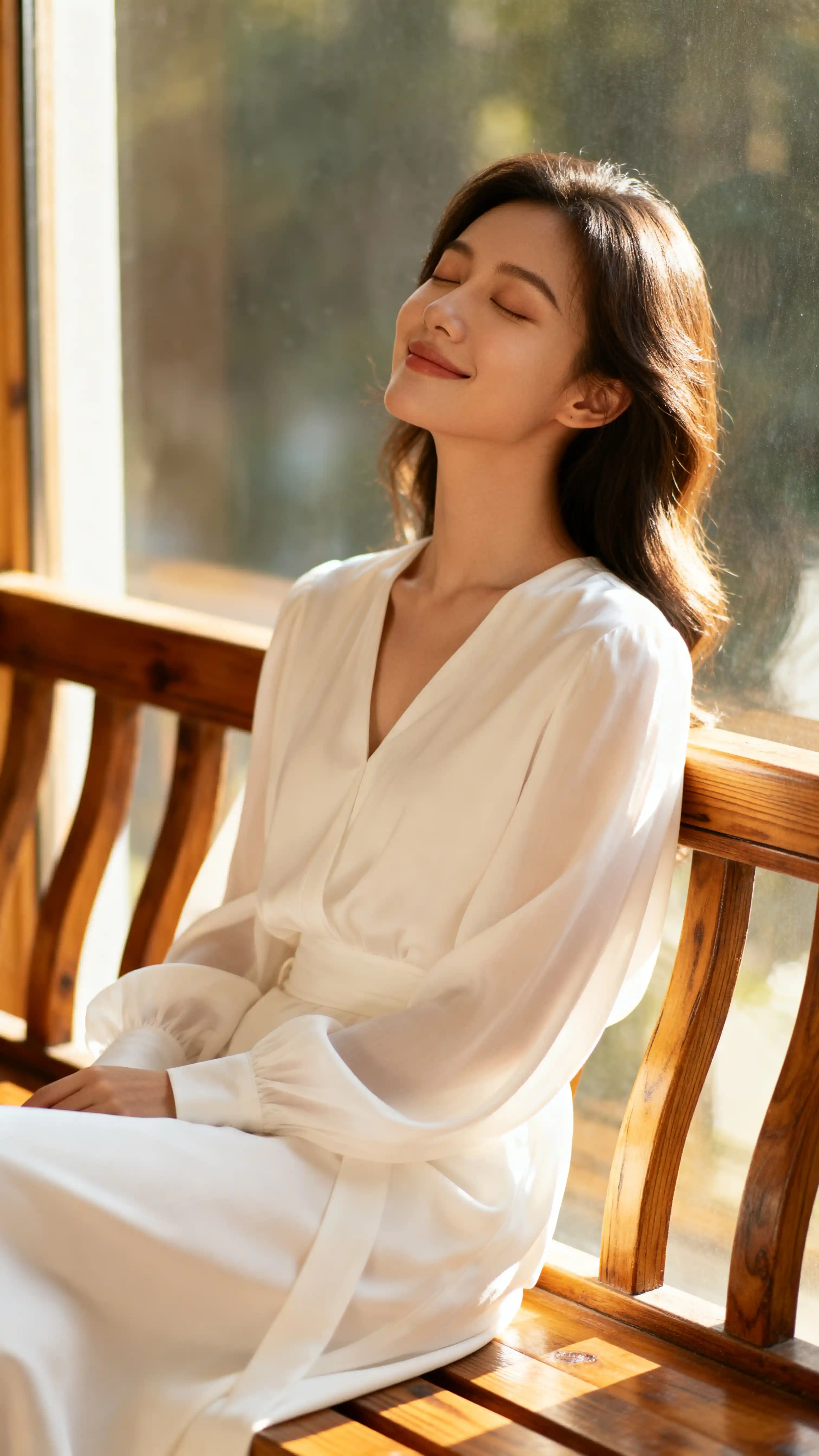 Serene girl sitting on a bench by a sunlit window