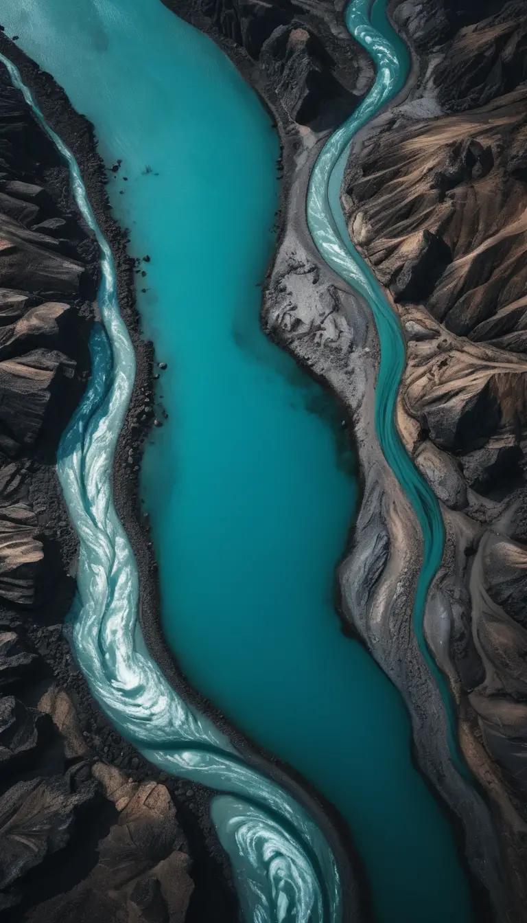 어두운 지형을 흐르는 구불구불한 빙하 강의 항공 뷰