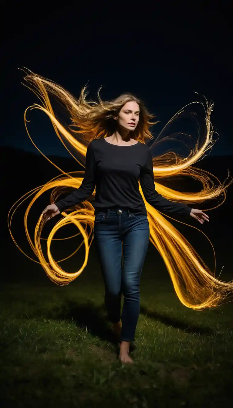 Woman in night field surrounded by golden light trails