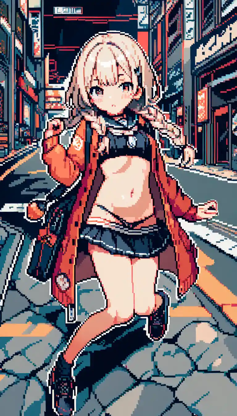 Chica de anime con atuendo de estilo militar en una calle de la ciudad