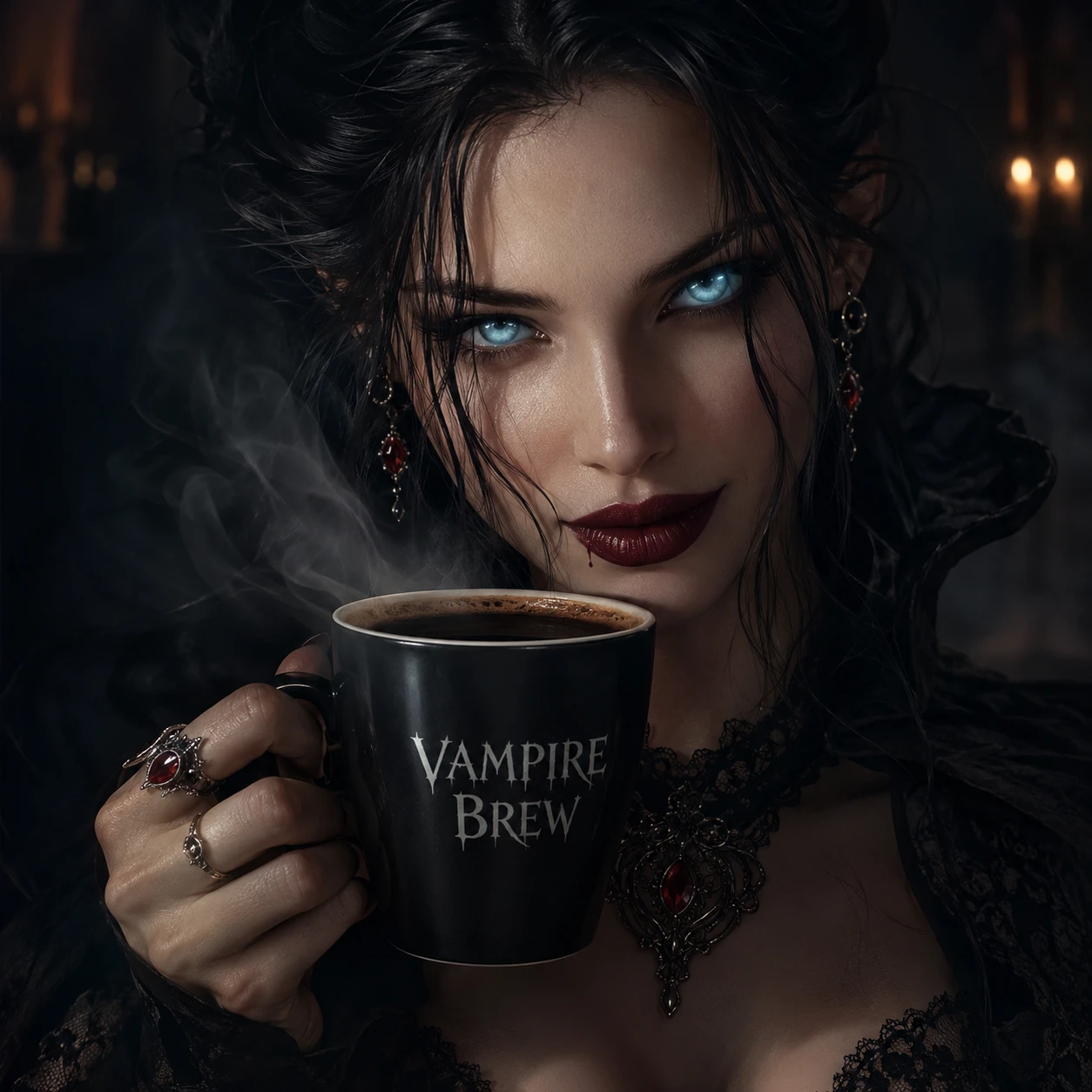 Vampiric woman with glowing eyes holding dark coffee mug