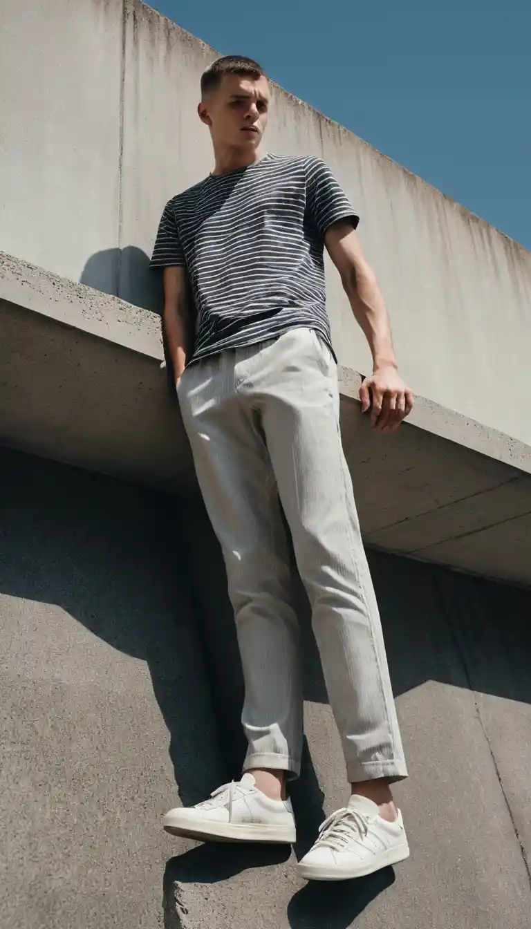 Low angle view of man on concrete ledge in sneakers