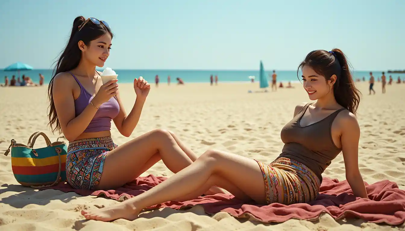 Two young women relaxing together on a sunny beach