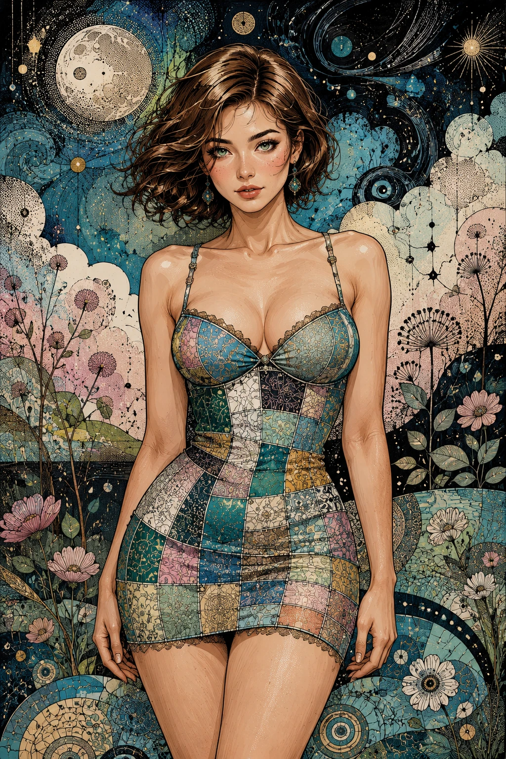 Dreamy Woman In Colorful Dress Under Night Sky