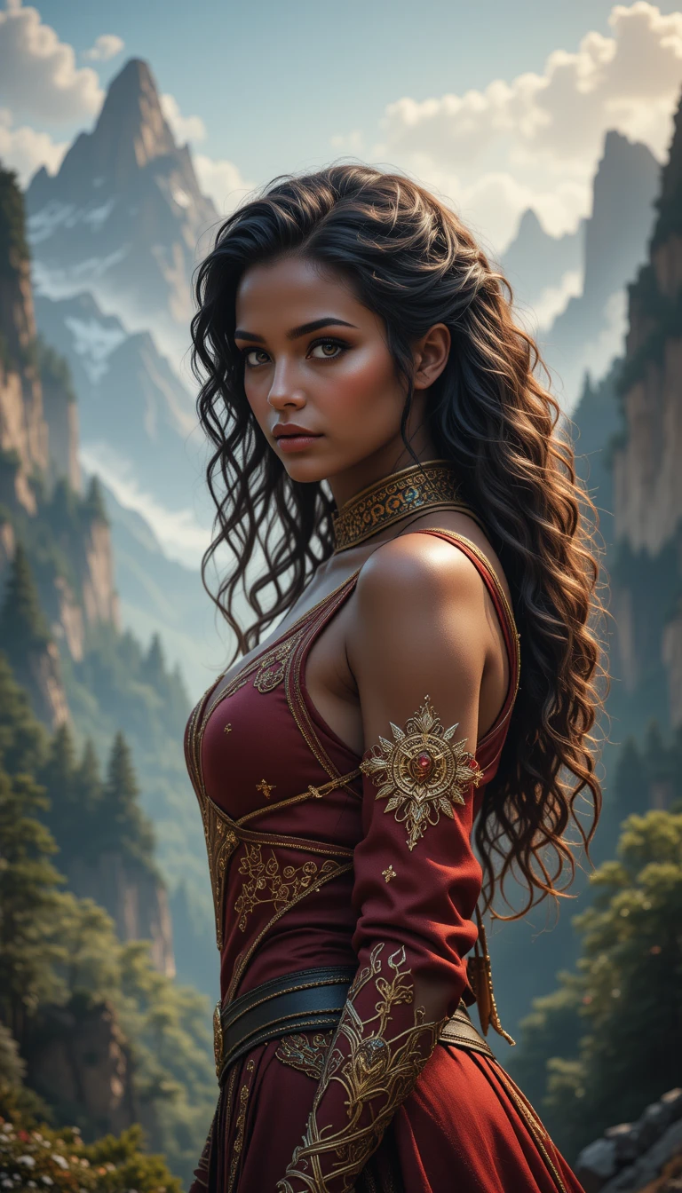 史詩山巒中的自信奇幻女戰士