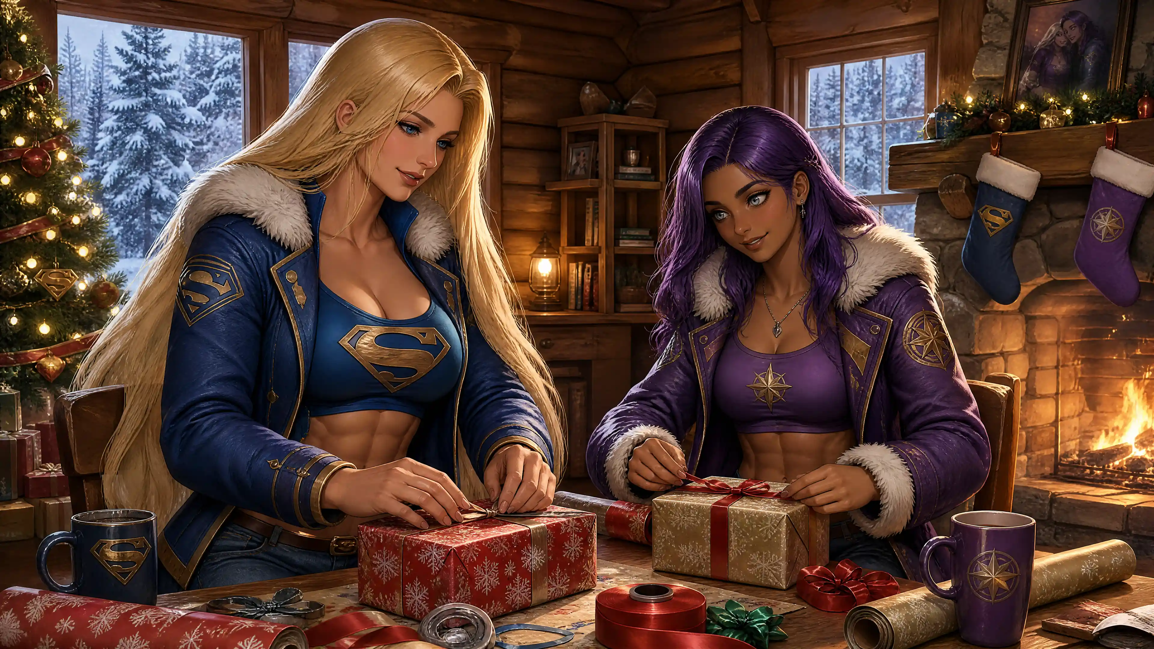 小木屋裡包裝聖誕禮物的兩位奇幻女子