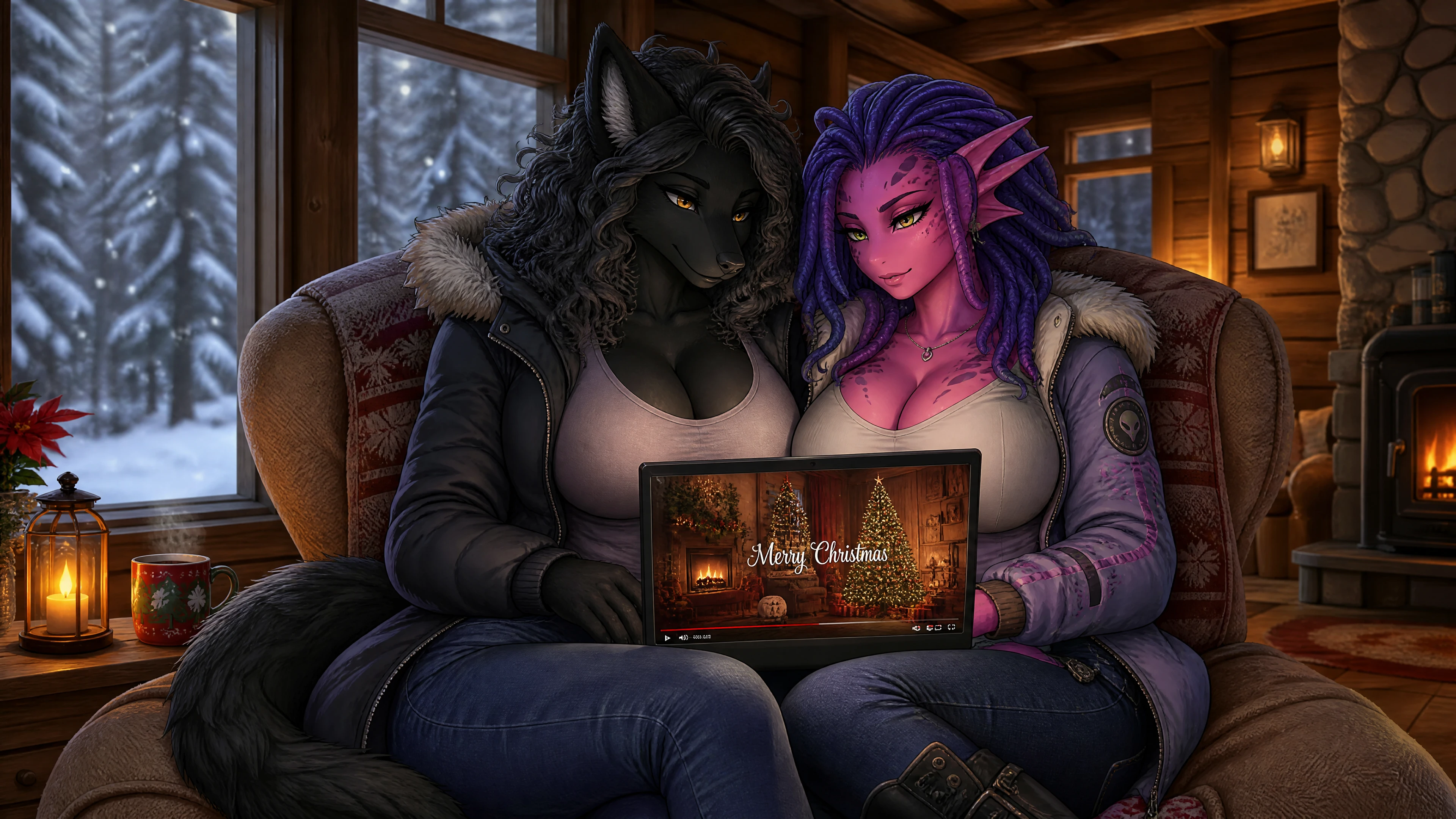 Two fantasy wives watching a cozy Christmas video together