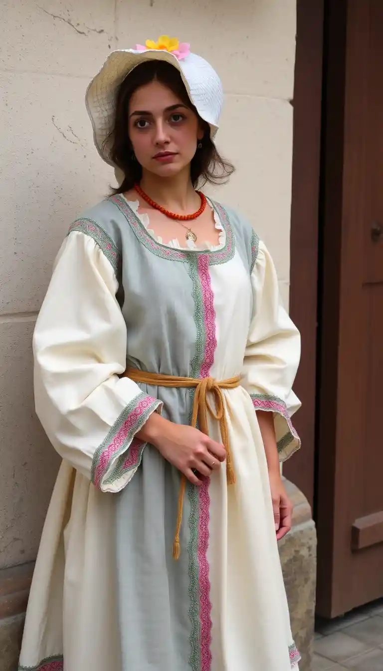 Medieval peasant in simple clothing in rustic village scene